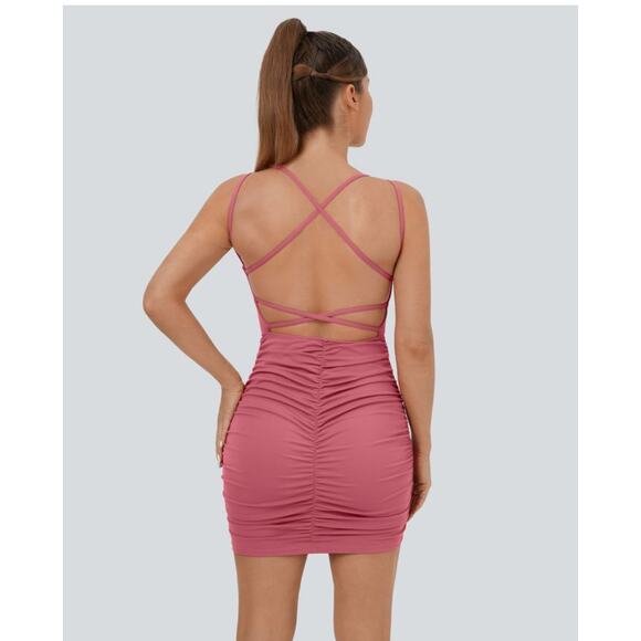 NWT Halara Women's pink Sleeveless Ruched Bodycon Mini Casual Dress Size XS - Picture 2 of 7